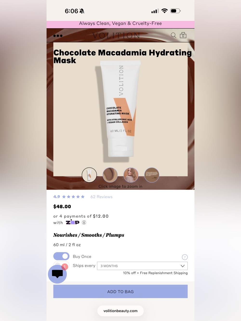 Volition Chocolate Macadamia Hydrating Mask — White